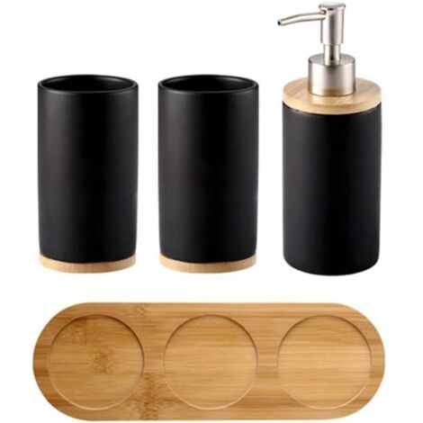 Lot de 4 Ensemble d'accessoires de Salle de Bain en céramique, Porte-Brosse à Dents, Distribut de Savon, Gobelet, Plateau en Bambou，noir