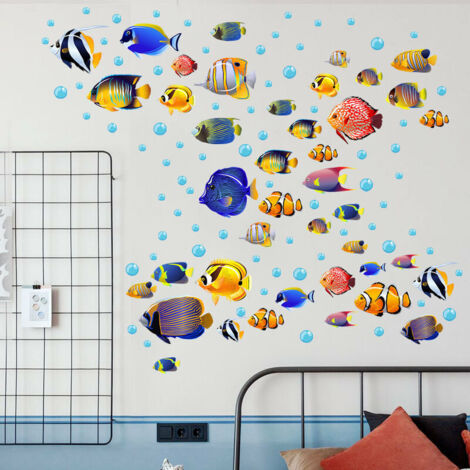 Un lot de stickers muraux poissons colorés Stickers Muraux Décor De Mur Autocollant Amovible pour salon Salle De Bain Chambre d'Enfant (1/5)