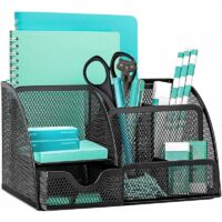 Organiseur de bureau en maille métallique pour fournitures de bureau – Indispensable pour les étudiants et les employés de bureau – Mesh, 5 compartiments de rangement, 1 tiroir (noir)