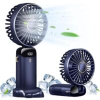 VURAHOME - 1 pc Handheld Fan with Base, Mini Portable Fan USB Rechargeable, 5 Speeds and LED Display , Operated Desk Fan Foldable,Quiet Working for Office,Bedroom,Outdoor Activities and Travel (Blue)
