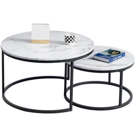 Wokaka Table Basse Scandinave Table d'Appoint Gigogne Ensemble de 2, Surface en Bois Massif Marbré et Pieds en MétalΦ60cmΦ40cm