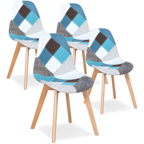 Wokaka Lot de 4 Chaises Patchwork - Chaises de salle à manger - pieds en hêtre(bleu)