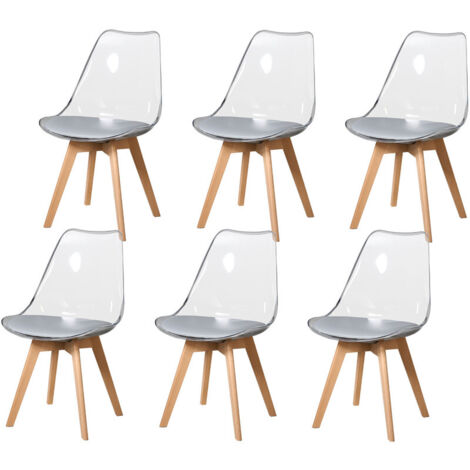 Wokaka Lot de 6 Chaises de Salle à Manger - Scandinave - Pieds en Bois Massif - Chaises Transparente - Gris