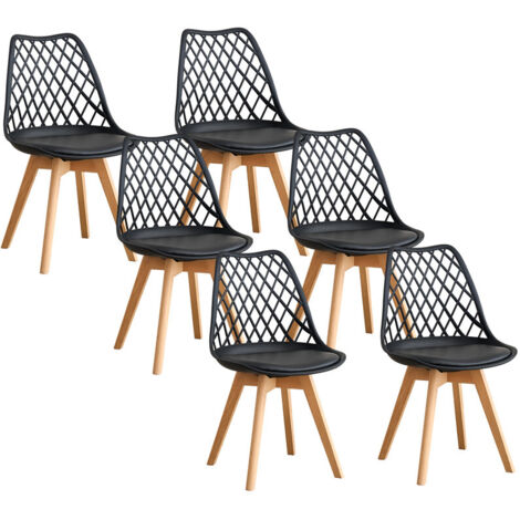 Wokaka lot de 6 chaises salle manger - Scandinave - Dossier en maille - Coussin de siège en cuir(Noir)