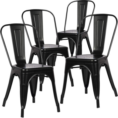 Wokaka – Lot de 4 chaises en métal noir – Style industriel – Confort optimal – Pour intérieur et extérieur – Dossier arrondi et pieds robustes