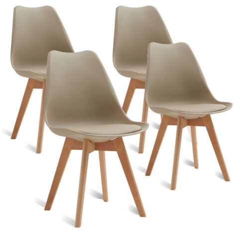 Wokaka – Lot de 4 chaises scandinaves avec coussins en cuir – Pieds en bois massif – Confort ergonomique pour salle à manger et bureau