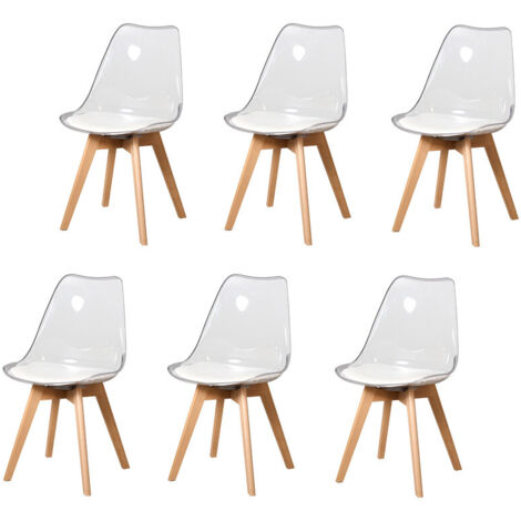 Wokaka Lot de 6 Chaises de Salle à Manger - Scandinave - Pieds en Bois Massif - Acrylique transparent - Blancs