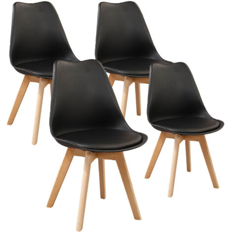 Wokaka – Lot de 4 chaises scandinaves en cuir noir – Coussin de siège confortable – Dossier incliné pour un soutien optimal – Dimensions 49x42x83cm
