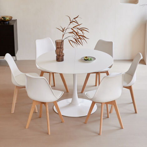 Wokaka – Table à manger ronde 110 cm – 4-6 personnes – MDF blanc – Style scandinave – Facile à nettoyer et à entretenir