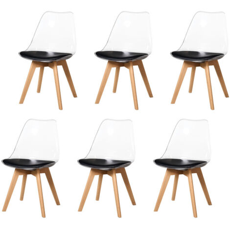 Wokaka – Lot de 6 chaises de salle à manger transparentes – Design scandinave – Pieds en bois massif – Coussin en cuir imperméable – Confort ergonomique