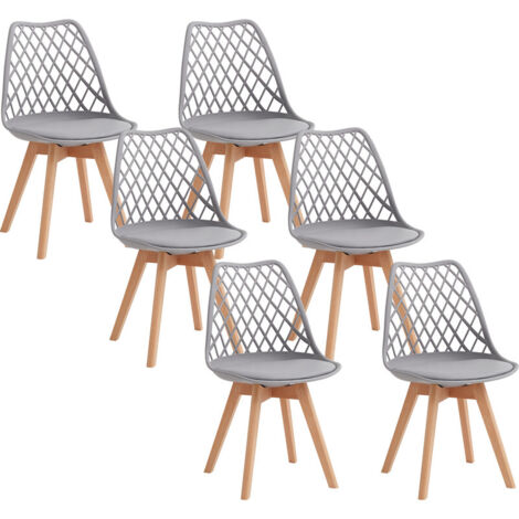 Wokaka – Lot de 6 chaises scandinaves – Dossier en maille – Coussin en cuir gris – Pieds en bois pour stabilité – Design géométrique élégant