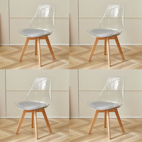 Wokaka Lot de 4 chaises transparentes, chaises de salle à manger coussin en PU design scandinave(girs)