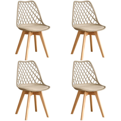 Wokaka Lot de 4 chaises - Chaises desalle à manger - Scandinave - Dossier en maille - Coussin de siège en cuir（Beige）