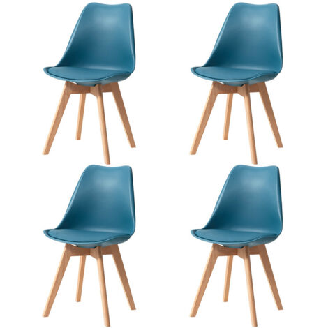 Wokaka – Lot de 4 chaises scandinaves – Siège ergonomique en polypropylène – Pieds en bois – Confort optimal pour salle à manger – Bleu