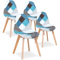 Wokaka Lot de 4 Chaises Patchwork - Chaises de salle à manger - pieds en hêtre(bleu)