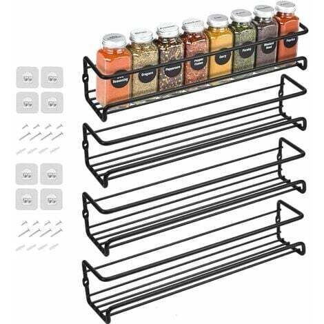 Set of 4 Metal Spice Racks Wall Mounted with Adhesive or Screws, Black