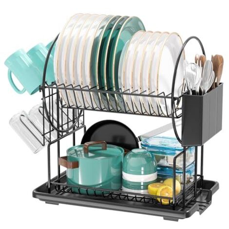 Black 2-Tier Kitchen Dish Drainer, Stainless Steel with Utensil Holder and Drip Tray (1/5)