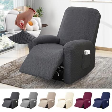 1-seater armchair cover, stretch armchair covers with pockets, all-inclusive striped jacquard armchair protector for TV armchairs and recliners (dark grey, 4-piece set)