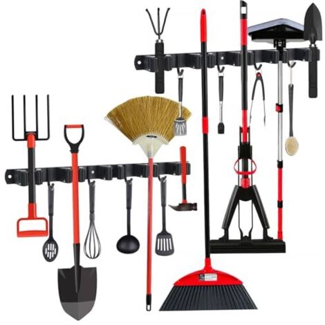 2-piece wall-mounted broom holder, 10 holders + 8 hooks, stainless steel tool holder, self-adhesive garden tool holder and broom holder, black wall mount for hanging garden tools such as brooms, garde