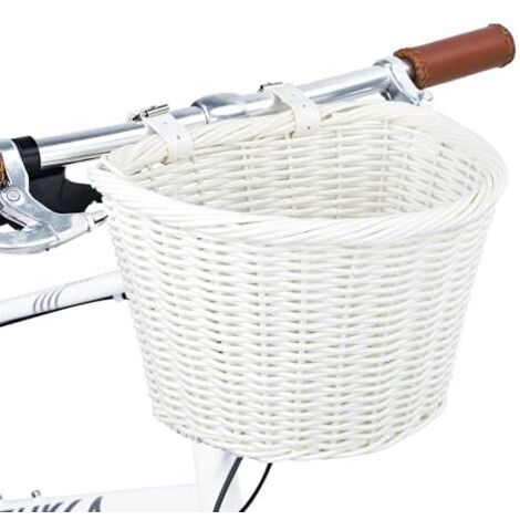 Woven Bike Basket Elegant Semicircle Basket for Adult Bicycles Front Handlebar with Adjustable Leather Straps Waterproof Storage Bicycle Basket- 11.02 x 9.25 x 7.68 inches, White