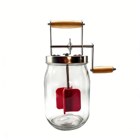Glass butter churn with hand crank, 1.5L butter churn for making butter with wooden handle and stainless steel gears. Manual butter maker for making your own butter, herb butter, garlic butter (upgrad