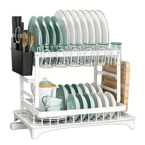 Two-tier metal dish drainer with automatic drip tray, compact and robust. For plates, glasses, and cutlery. It can be assembled and disassembled in seconds, making it easy to store and use. (1/5)