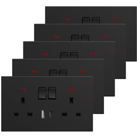 [NEVER USED] Double Socket with USB C 5 Pack, Electrical Double Switched Power Plug Wall Socket with LED Indicator, PC Wall Plate Outlet, Black, 13A