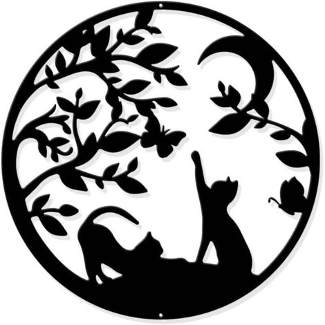[NEVER USED] Metal Wall Art with Cats, Black Hanging Decor Silhouette Wall Art for Home Bedroom Living Room Bathroom Kitchen Office Garden Hotel Wall Decor, 30cm Diameter (1/4)
