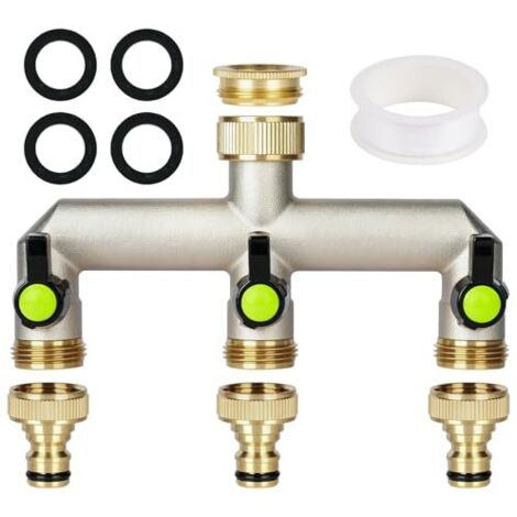 3-Way Faucet Adapter, 3/4-Inch Brass Faucet Splitter Hose Splitter, 3-Way Faucet Hose Adapter, with 3 x 3/4-Inch Outlets, 1 Roll of Sealing Tape