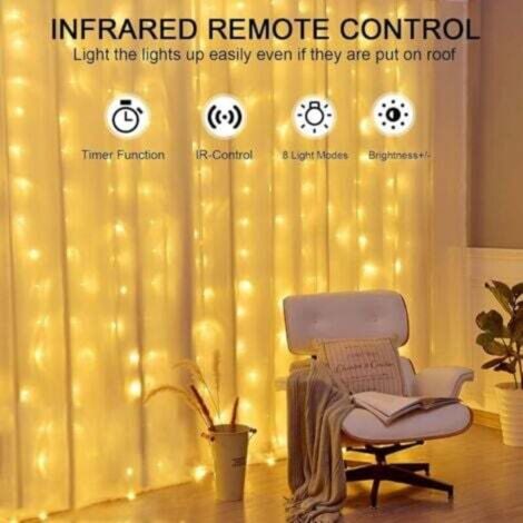 Curtain String Lights 3m x 3m 300 LEDs 8 Modes Remote Control Timer ...