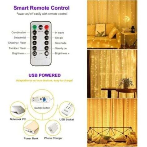 Curtain String Lights 3m x 3m 300 LEDs 8 Modes Remote Control Timer ...