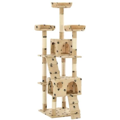 Arbre à chat 170 cm en sisal avec niches, plateformes peluchées – Beige à motifs (1/5)