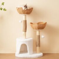 Arbre à chat en bois massif 108 cm avec 2 niches tressées, coussins épais et poteaux en sisal – 60×42 cm
