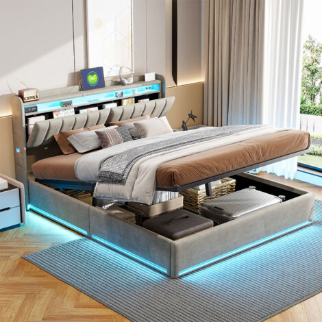 Letto contenitore 160x200cm, letto 160x200cm con rete a doghe, letto matrimoniale, cassetti estensibili e vani portaoggetti, porte di ricarica USB e Type-C, illuminazione LED regolabile, velluto grigi