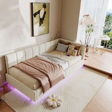 Letto contenitore 90x200, letto singolo 90x200, letto per bambini, divano letto, illuminazione d'atmosfera a LED regolabile, ricarica USB, soggiorno/camera da letto, velluto beige