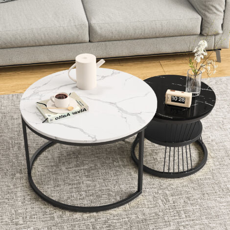 Tavolino da caffè, tavolino da soggiorno, tavolino da salotto, tavolino rotondo 2 in 1 con base in metallo e piano in MDF effetto marmo, design pratico ed elegante