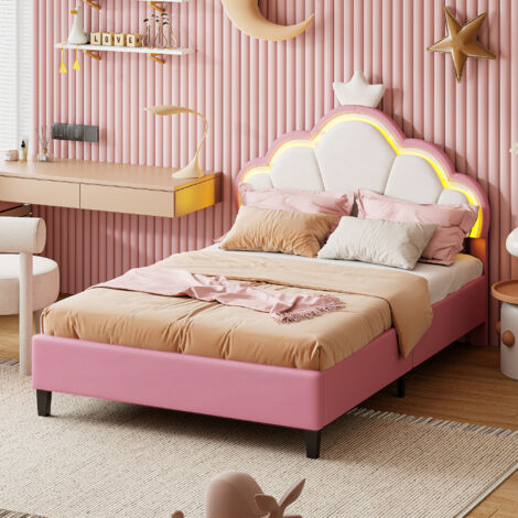 Letto 140x200 cm con rete a doghe, Letto matrimoniale, Letto con testiera a forma di corona, struttura in legno e metallo, illuminazione LED intelligente, rosa