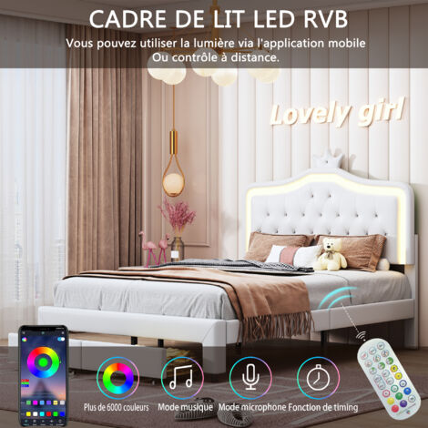 Letto 140 x 200 cm con rete a doghe, Letto matrimoniale, Letto 140 cm, Letto per bambini, Letto per bambini con testiera a conchiglia, LED integrato, Bianco
