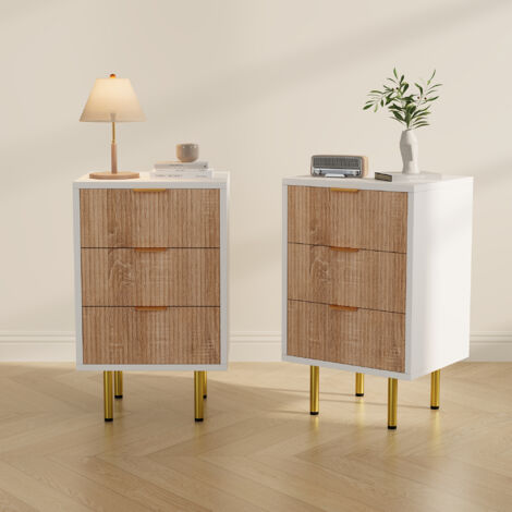 Comodino, Set di 2 comodini, Moderni ed eleganti, Comodini con struttura a tre cassetti e design bicolore (1/5)