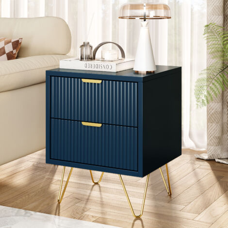 Comodino– Design moderno con due ampi cassetti e maniglie dorate – Facile da pulire con superficie impermeabile