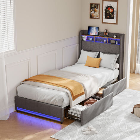 Letto 90x200, Letto imbottito, Letto singolo, Letto singolo, Letto imbottito 90x200 – Letto singolo con illuminazione, porta USB e Type-C – Design elegante per una persona, Grigio