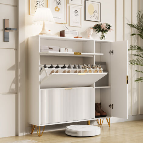 Scarpiera, Mobiletto portascarpe, Scarpiera, Scarpiera da ingresso, Elegante scarpiera bianca con ante ondulate, Spazio di archiviazione pratico e sicuro, Con scomparti