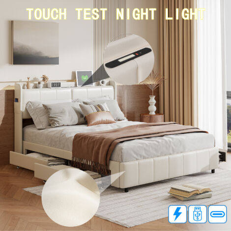 Letto 160x200 con rete a doghe, letto LED 160x200, moderno letto in PU bianco con USB, 4 ampi cassetti portaoggetti e testiera multifunzionale
