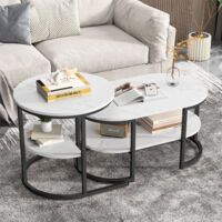Tavolino da caffè, Tavolino da soggiorno, Tavolino ovale con tavolino laterale rotondo, design minimalista e funzione di contenimento, Nero