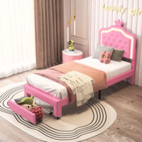 Letto 90 x 200 cm con rete a doghe, Letto per bambini 90 x 200 cm, Letto per bambini con testiera a forma di conchiglia, LED integrato, Rosa