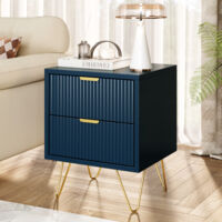 Comodino– Design moderno con due ampi cassetti e maniglie dorate – Facile da pulire con superficie impermeabile