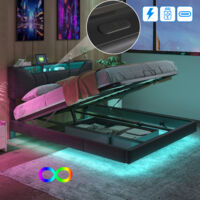 Letto 140 x 200 cm con rete a doghe, letto 140 x 200 cm, moderno letto LED in similpelle nera con contenitore, striscia luminosa regolabile e presa di corrente integrata - Design sospeso