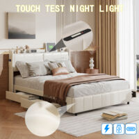 Letto 160x200 con rete a doghe, letto LED 160x200, moderno letto in PU bianco con USB, 4 ampi cassetti portaoggetti e testiera multifunzionale