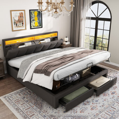 Cama de 160x200, cama con canapé de 160x200, cama para adultos, cama tapizada con iluminación LED, cajones y compartimentos de almacenaje, cabecero de espuma retráctil, lino, gris