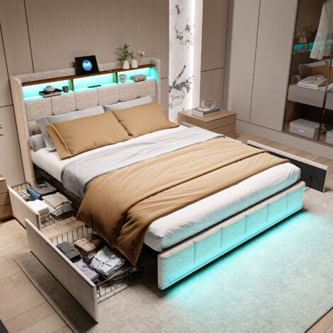 Cama de 160x200 cm, cama con canapé de 160x200 cm, cama tapizada con almacenaje, 4 cajones de almacenaje, iluminación LED regulable, carga USB Tipo C, 3 compartimentos de almacenaje, tejido de lino be